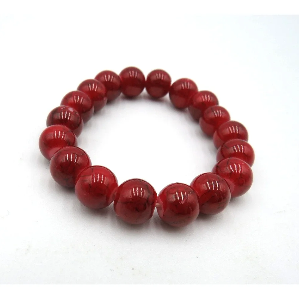 Red Beaded Stretch Bracelet Round Glossy Marbled Beads‎ Fashion Jewelry Unisex